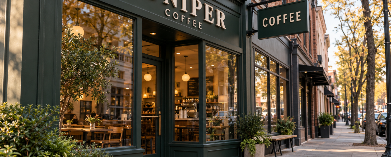 Dark green café storefront with cream lettering and a projecting coffee sign viewed along the sidewalk.