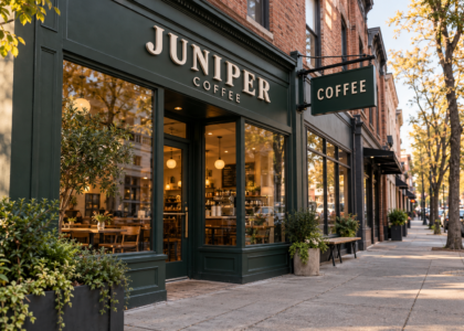 Dark green café storefront with cream lettering and a projecting coffee sign viewed along the sidewalk.