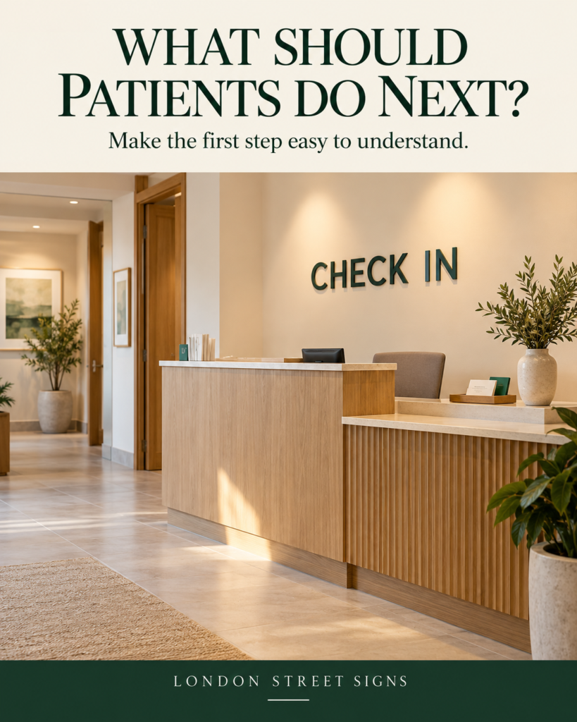 Concept clinic reception with a prominent Check In wall sign beneath the headline What should patients do next?