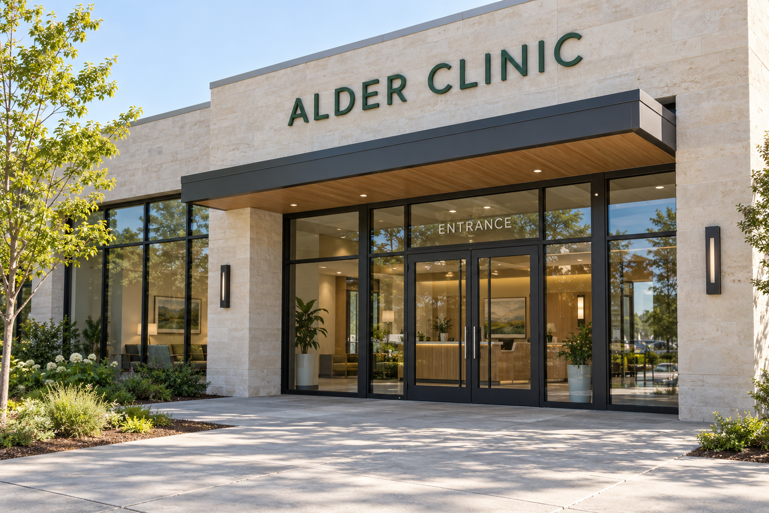 Concept clinic exterior with dark green Alder Clinic lettering and an entrance label above glass doors.